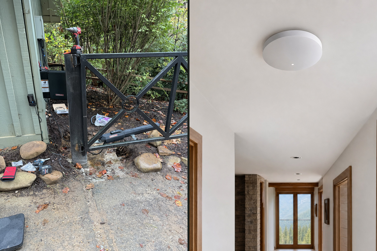 Side-by-side photos of a LiftMaster operator arm on a residential metal gate and a ceiling Wi-Fi access point in a wood-trim hallway