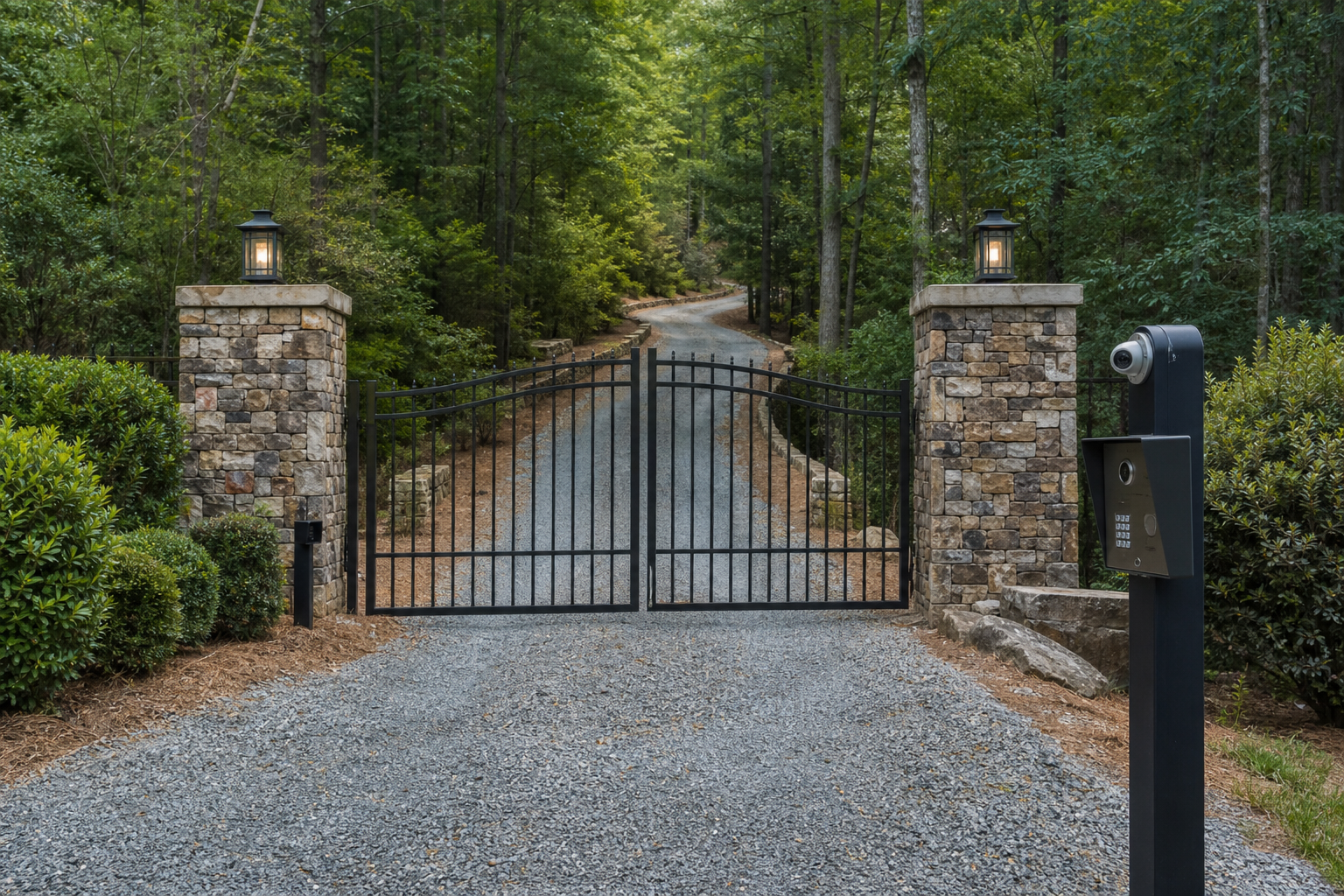 Driveway gate with outdoor camera and intercom pedestal at a wooded North Georgia entry that needs network reach from the house
