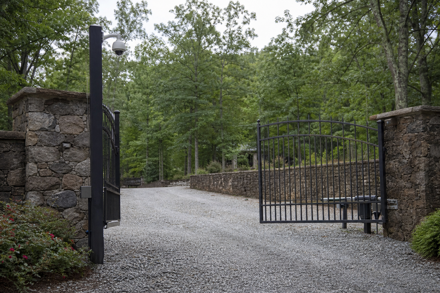 Outdoor driveway gate with mounted security camera covering the entry lane in North Georgia
