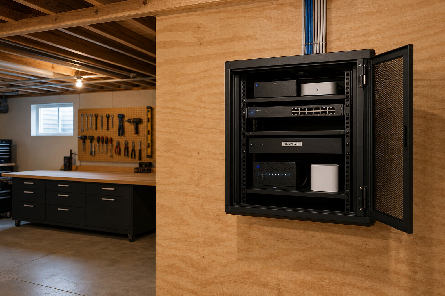 Home network rack with a clean top-feed cable bundle separating guest Wi-Fi and IoT gear from household traffic