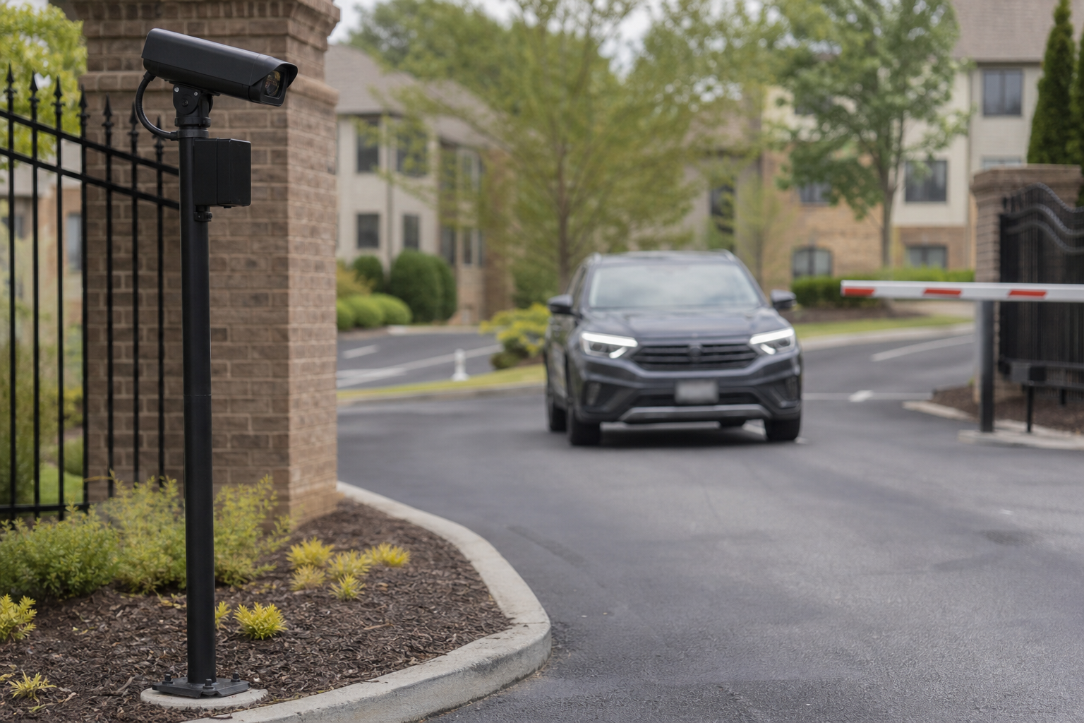 License plate recognition camera aimed at vehicles approaching a gated community entrance
