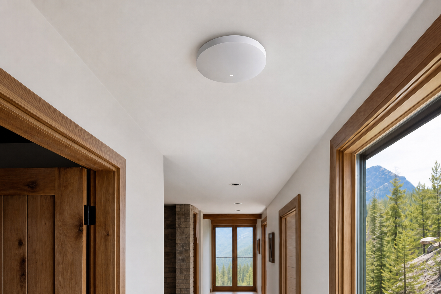 Ceiling-mounted Wi-Fi access point in a mountain home hallway with wood trim