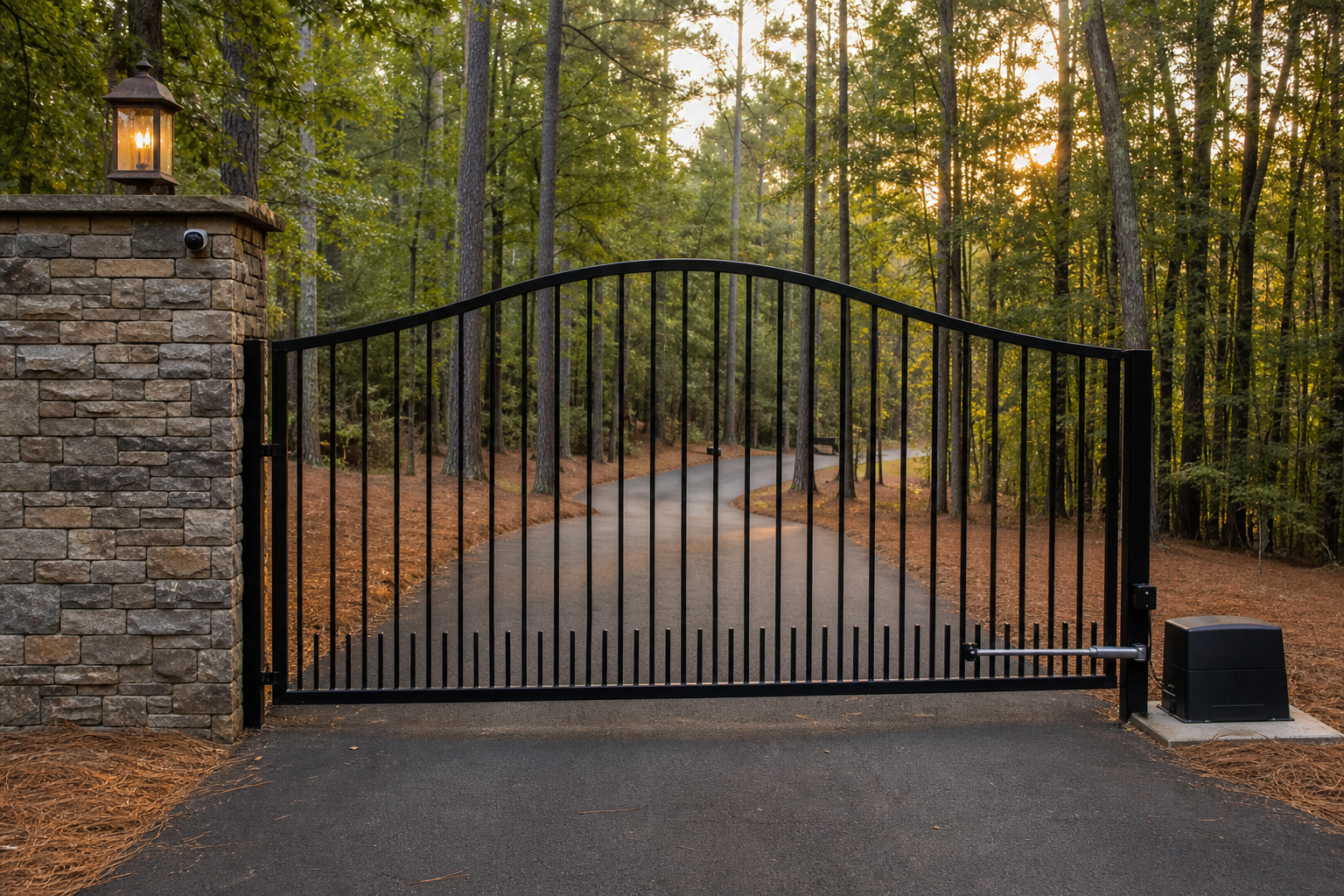 Modernized automatic gate operator and HD camera installed on an existing community entry gate