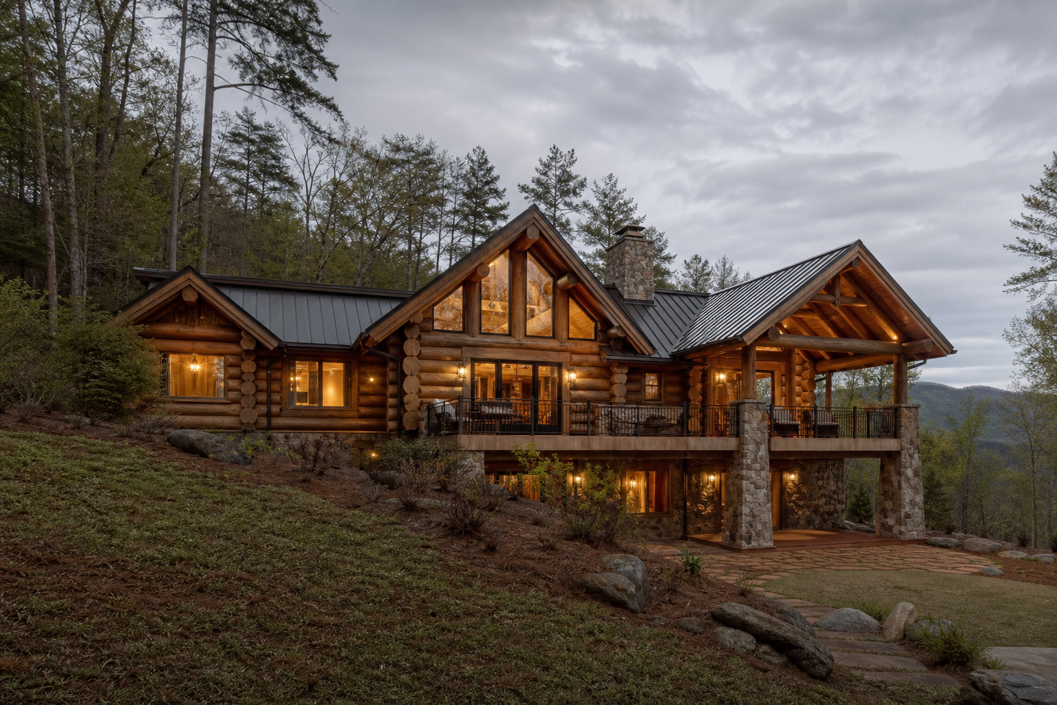 North Georgia mountain log cabin with thick timber walls and stone foundation where Wi-Fi often fails in rear rooms